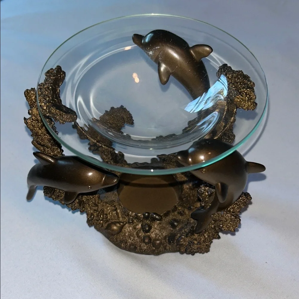 PartyLite Bronze 3 Dolphin Oil Wax Melt Scent Aroma Candle Holder (RETIRED)